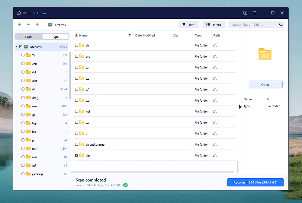 click archives in EaseUS Data Recovery Wizard