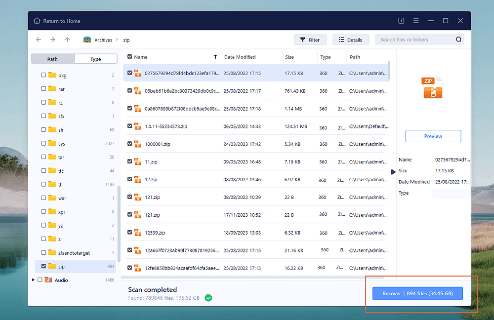recover deleted Zip files in EaseUS Data Recovery Wizard