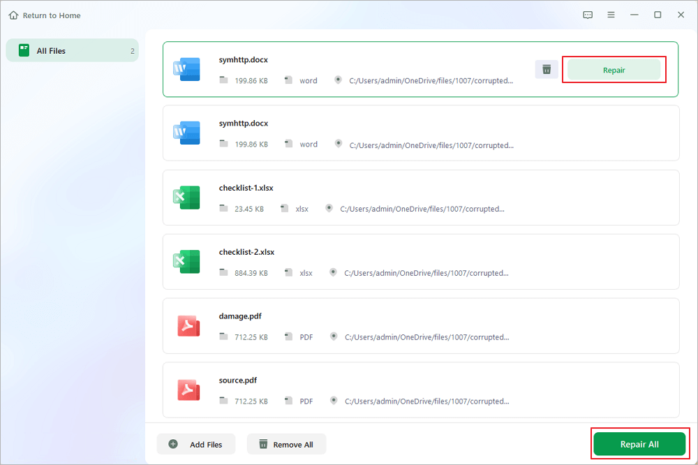 selecione documentos para reparar