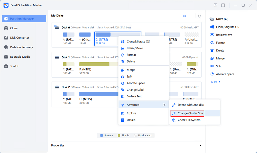 Right-click to change cluster size