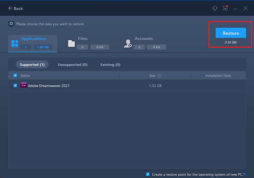 cliquez sur récupérer pour restaurer le fichier image sur un autre lecteur
